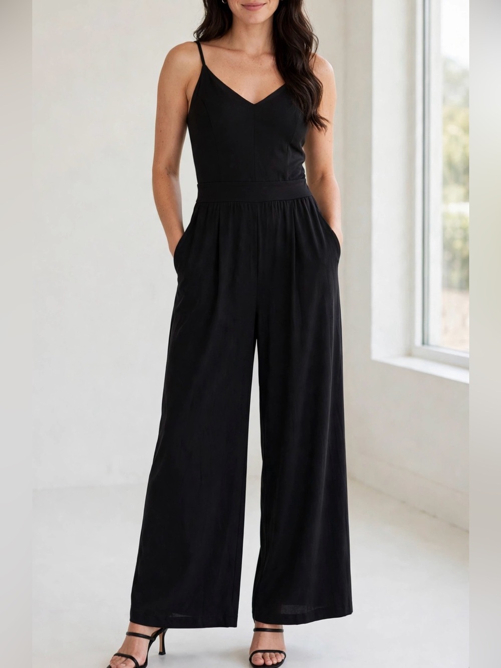 Halara Women's Black V-Neck Jumpsuit with Spaghetti Straps, Size XL